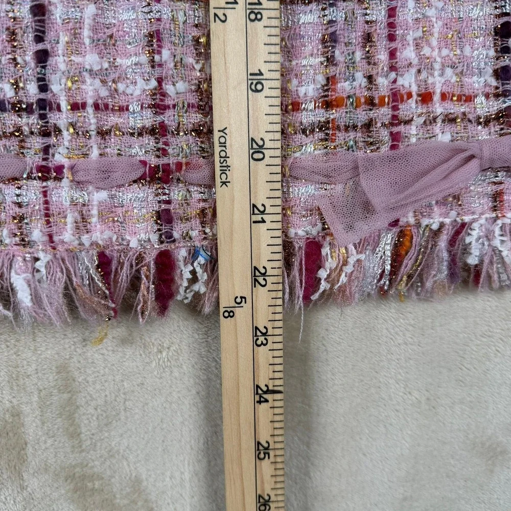 Rickie‎ Freeman Teri Jon Pink Tweed Wool Blend Plaid Fringe Bow Pencil Skirt 10